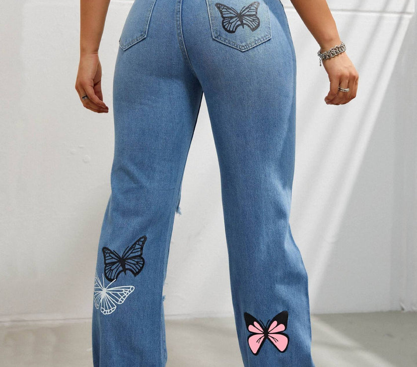 Women's High-Waisted Butterfly Print Ripped Jeans