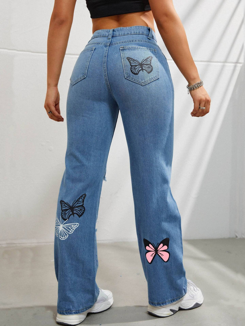 Women's High-Waisted Butterfly Print Ripped Jeans