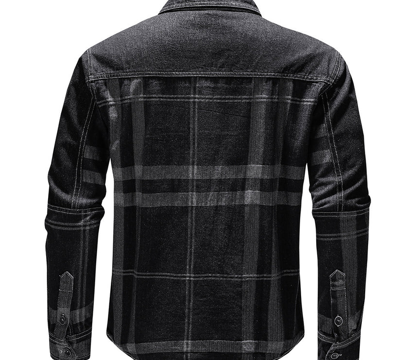 Fashion Plaid Denim Long-sleeved Shirt Man