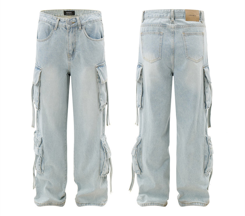 Men's Light Color And Water Scrubbing Cargo Jeans