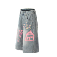 Hand Painted Graffiti Printing Denim Shorts Men