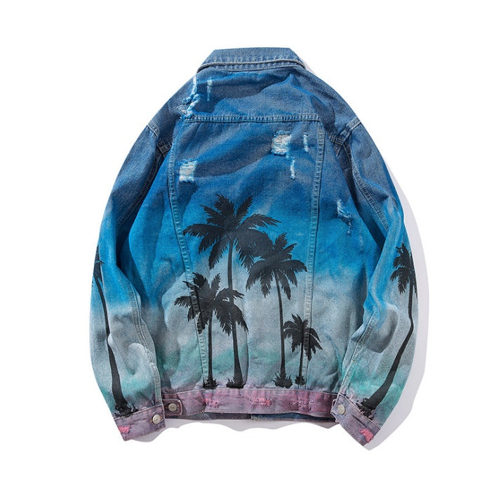 Palm coconut tree printing tie dyeing process 218 hot denim clothing men's jacket Europe and America high street