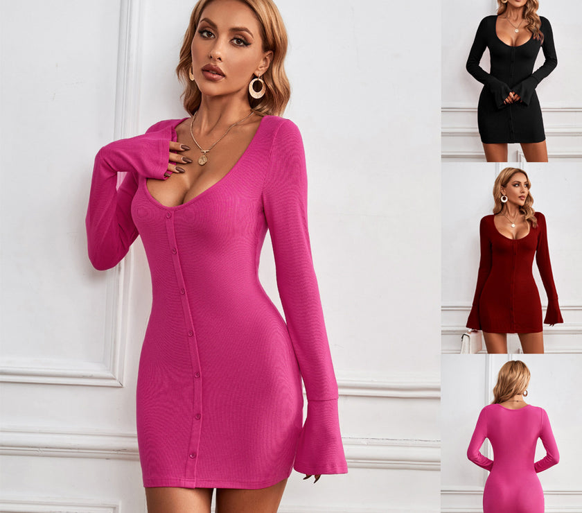 Fashion Single-breasted U-neck Long-sleeved Dress Sexy Slim Hip-hugging Short Dresses Womens Clothing