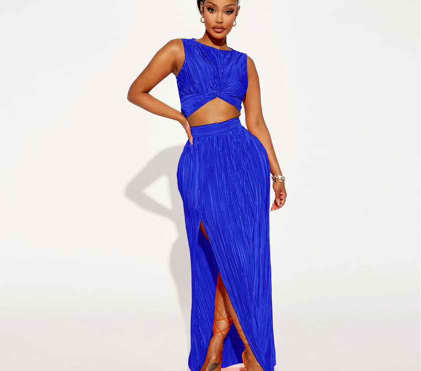 European And American Women's Clothing Slit Dress Two-piece Set