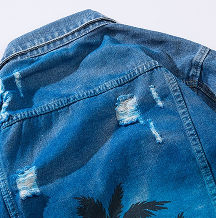 Palm coconut tree printing tie dyeing process 218 hot denim clothing men's jacket Europe and America high street