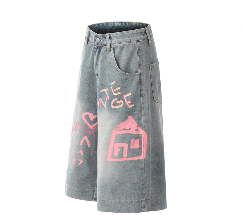 Hand Painted Graffiti Printing Denim Shorts Men