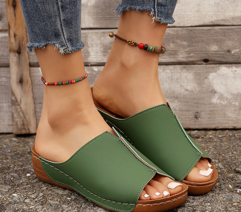 Fashion Solid Wedges Sandals Summer Casual Peep-toe Slippers Outdoor Thick Sole Heightening Slides Shoes Women