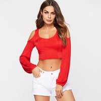 Sexy Navel Off Shoulder Lantern Sleeve Long Sleeve Short Top