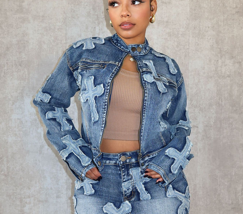 Denim Embroidered Short Skirt Jacket Suits Suit