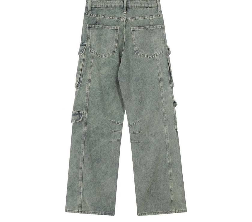 Punk Wash Denim Cargo Pants Trousers Men