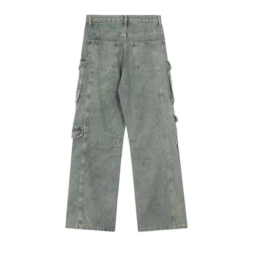 Punk Wash Denim Cargo Pants Trousers Men