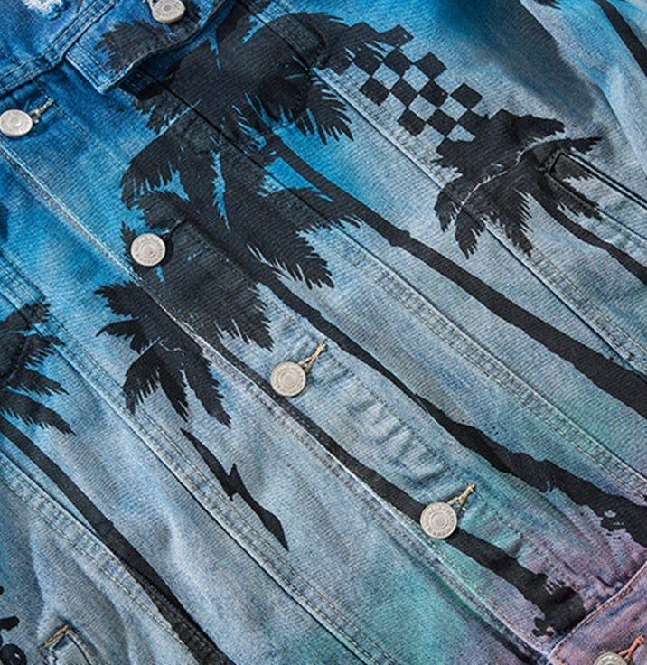 Palm coconut tree printing tie dyeing process 218 hot denim clothing men's jacket Europe and America high street