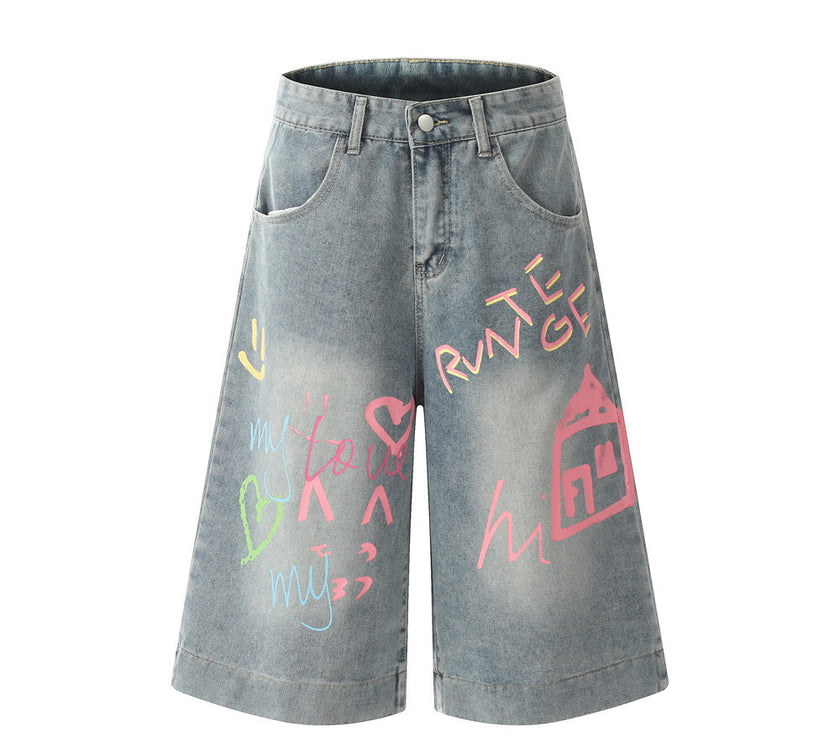 Hand Painted Graffiti Printing Denim Shorts Men