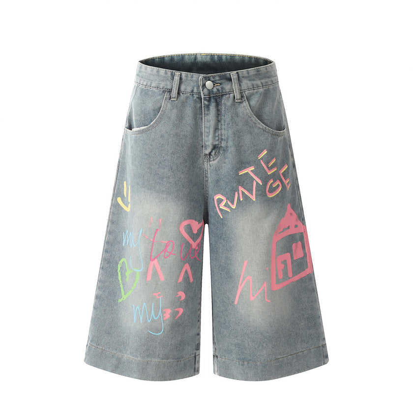 Hand Painted Graffiti Printing Denim Shorts Men