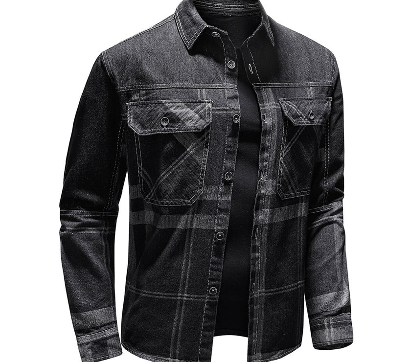 Fashion Plaid Denim Long-sleeved Shirt Man