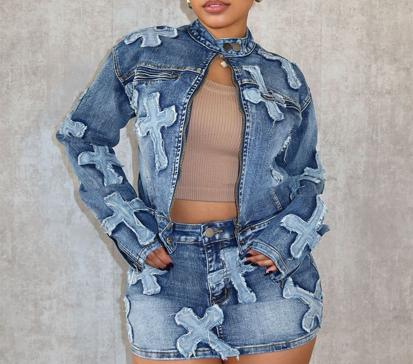 Denim Embroidered Short Skirt Jacket Suits Suit