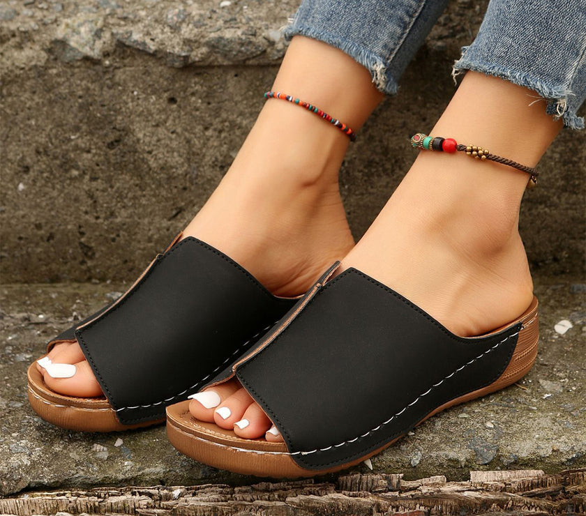 Fashion Solid Wedges Sandals Summer Casual Peep-toe Slippers Outdoor Thick Sole Heightening Slides Shoes Women