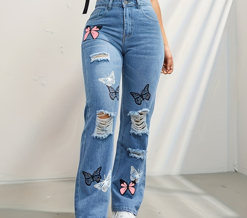 Women's High-Waisted Butterfly Print Ripped Jeans