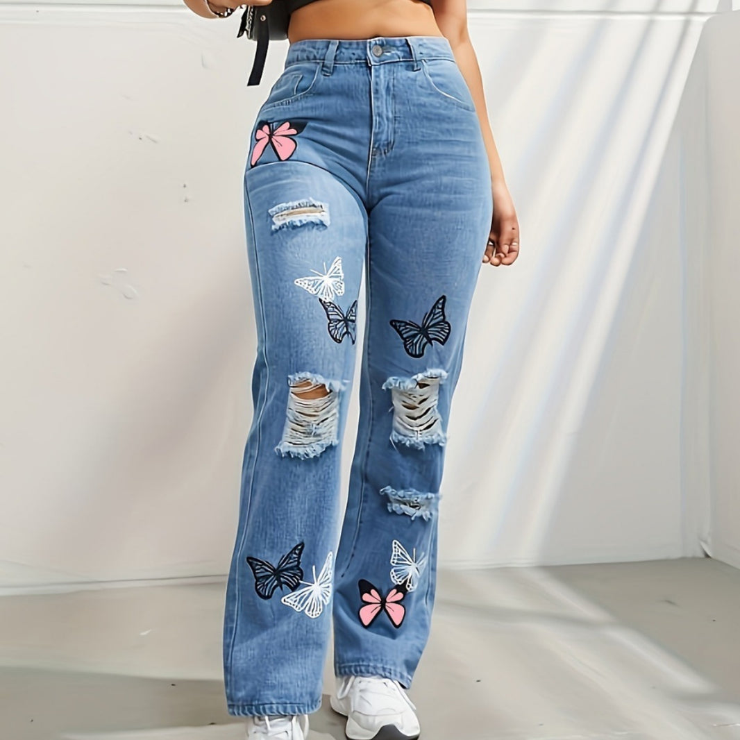 Women's High-Waisted Butterfly Print Ripped Jeans