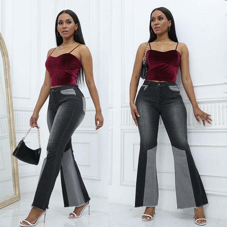 Women's Contrast Color High Waist Wash Fashion Flared Jeans