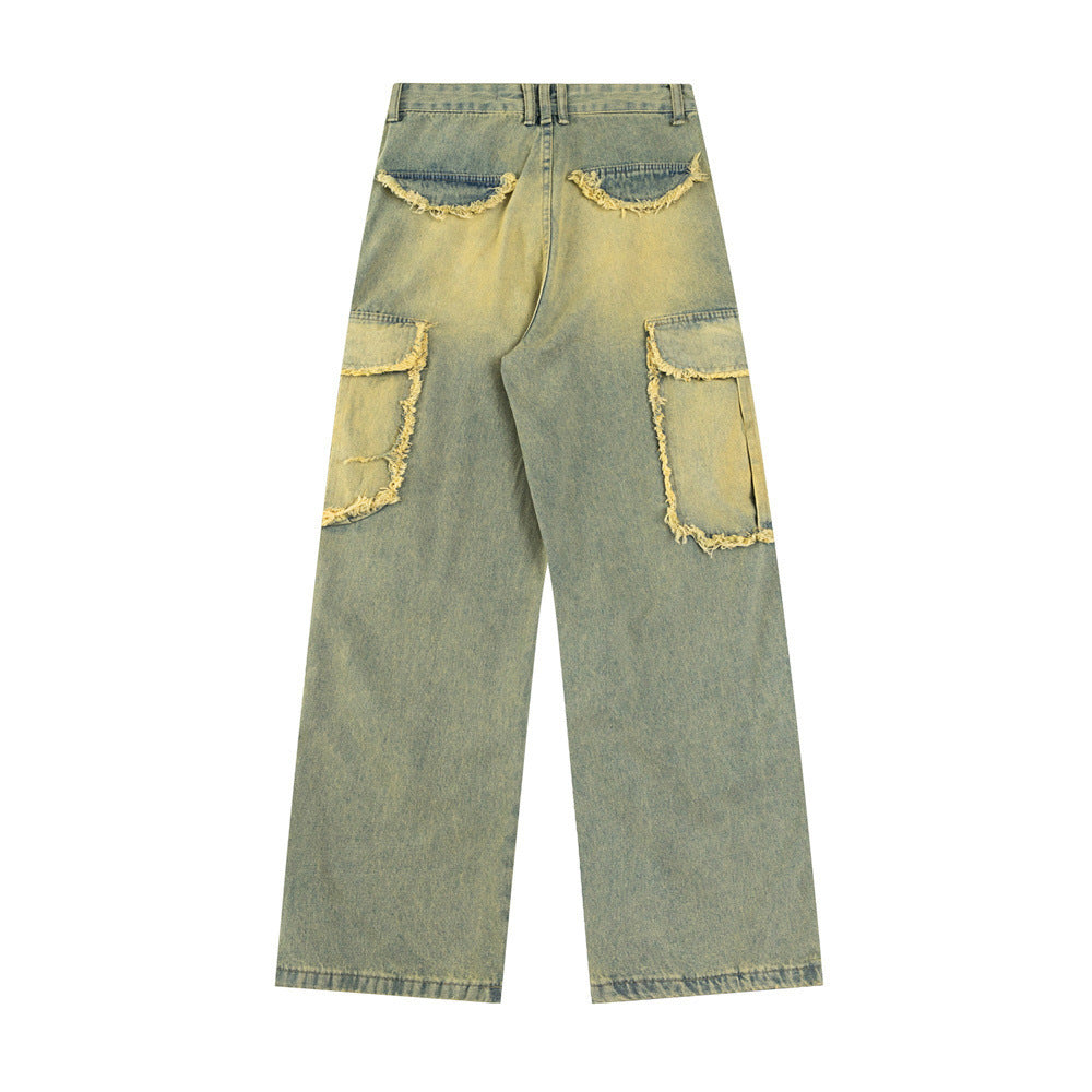 Men's Inkjet Yellow Mud Dyed Overalls Denim Trousers