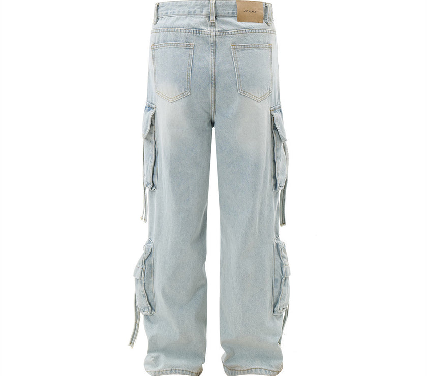 Men's Light Color And Water Scrubbing Cargo Jeans