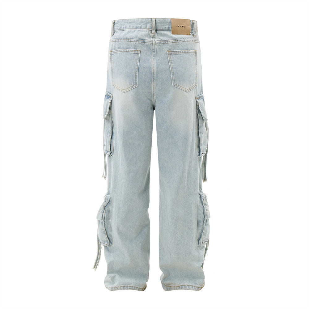 Men's Light Color And Water Scrubbing Cargo Jeans