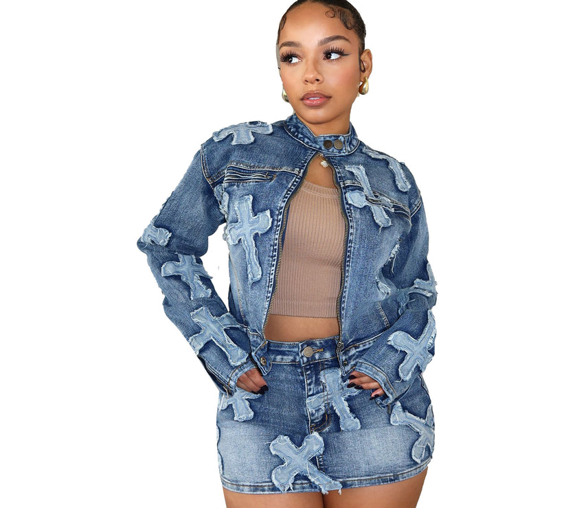 Denim Embroidered Short Skirt Jacket Suits Suit