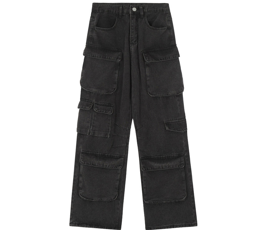 Punk Wash Denim Cargo Pants Trousers Men