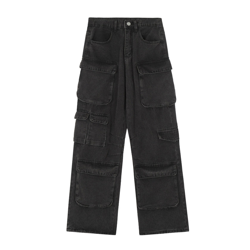 Punk Wash Denim Cargo Pants Trousers Men