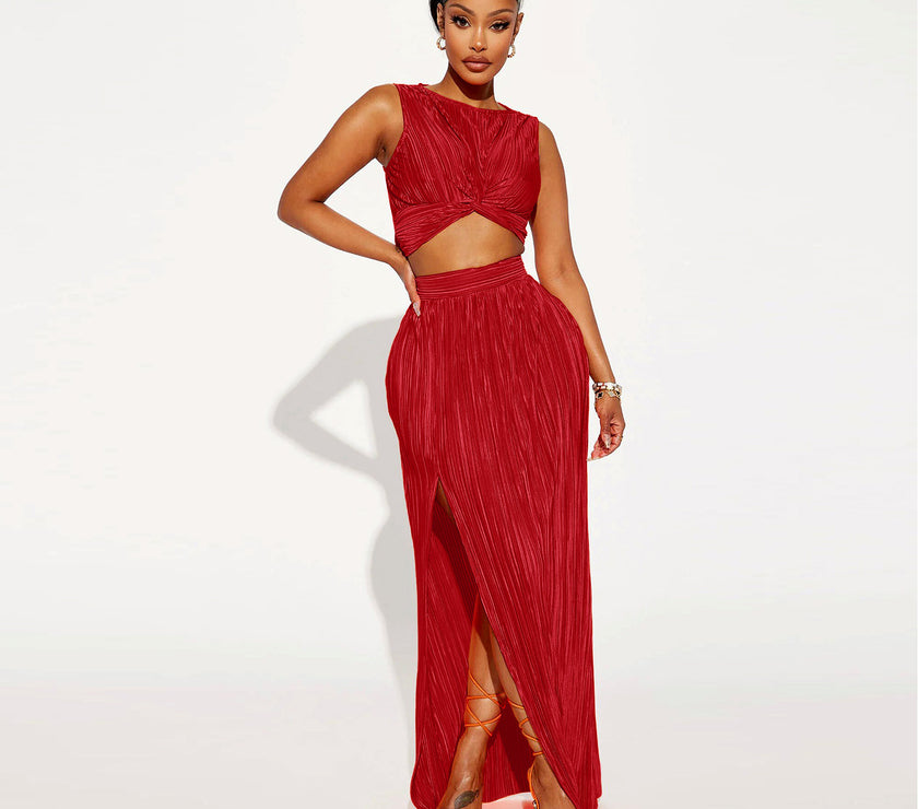 European And American Women's Clothing Slit Dress Two-piece Set