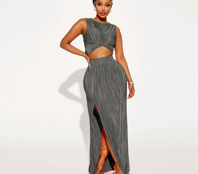 European And American Women's Clothing Slit Dress Two-piece Set