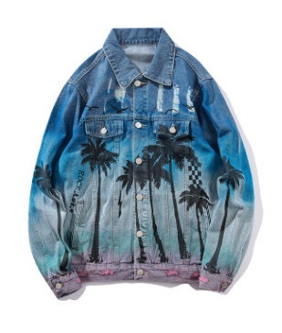 Palm coconut tree printing tie dyeing process 218 hot denim clothing men's jacket Europe and America high street