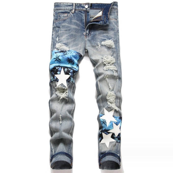 Men's Jeans Blue With Holes Embroidered Printed