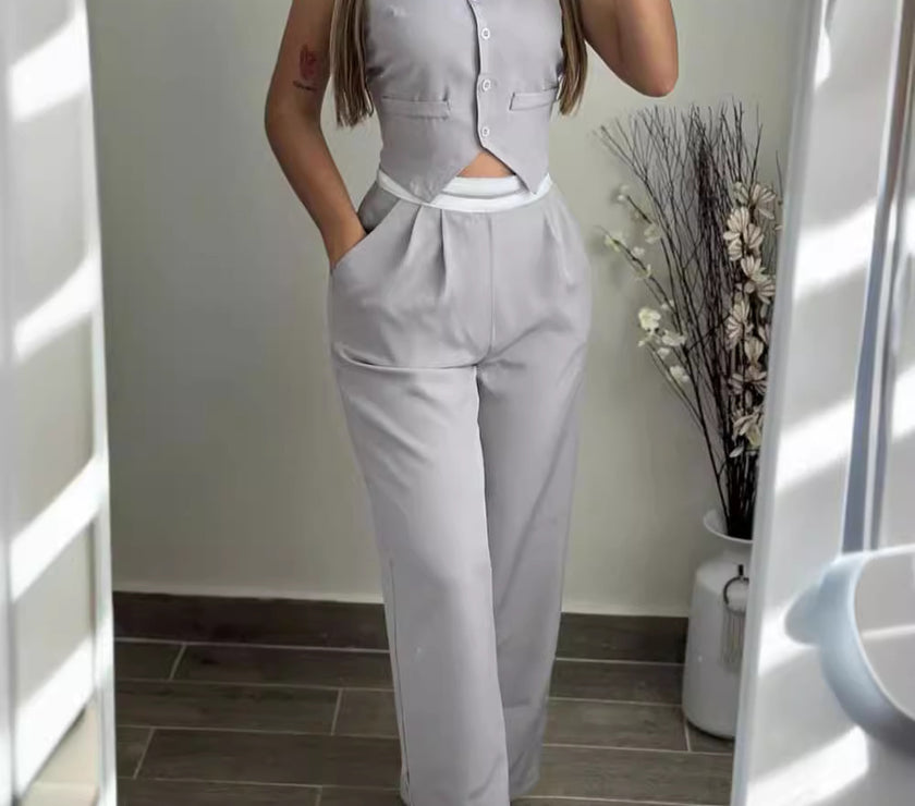 Contrast Color Stitching Waist Head Commute Leisure Suit