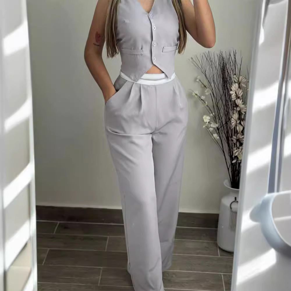 Contrast Color Stitching Waist Head Commute Leisure Suit