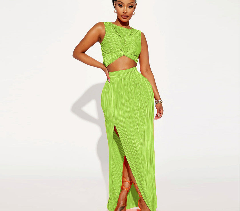 European And American Women's Clothing Slit Dress Two-piece Set