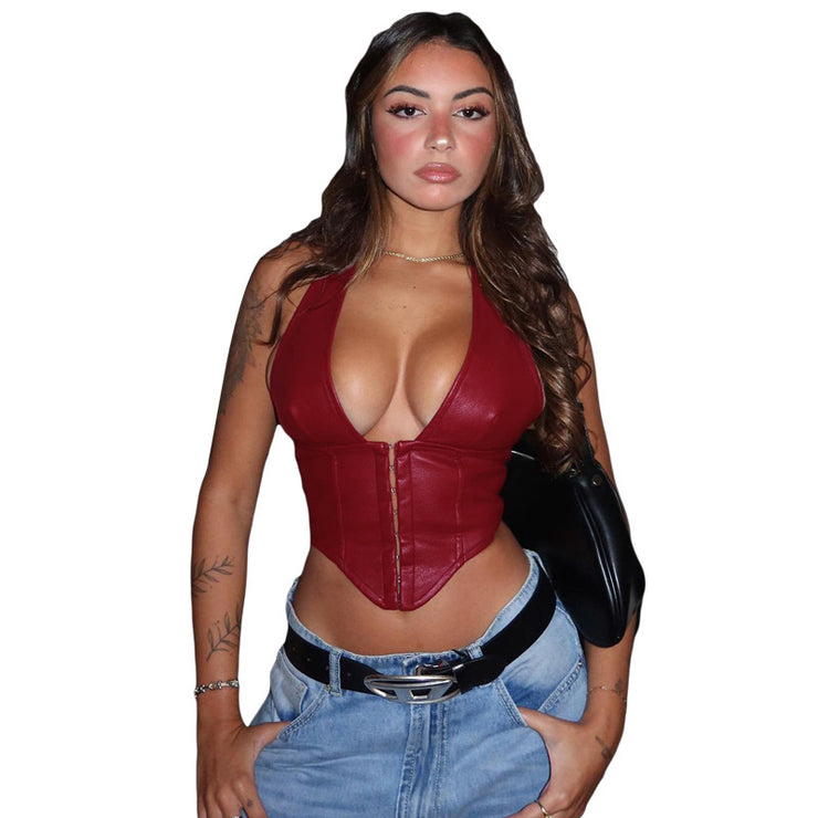 Women's PU Leather Halter Row Buckle Vest Sling