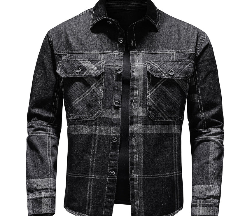 Fashion Plaid Denim Long-sleeved Shirt Man