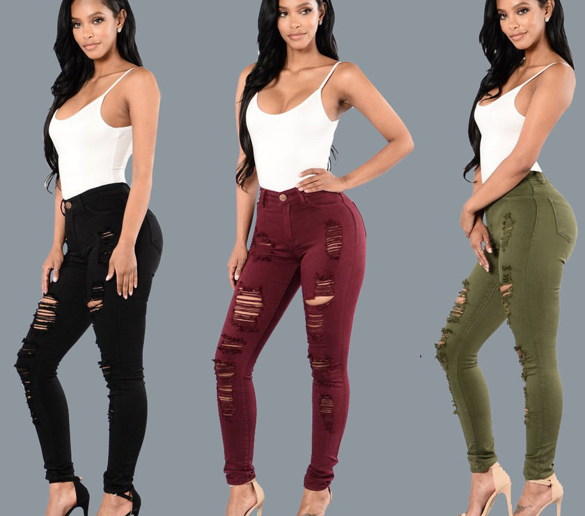 Women's Slim-fit Multi-color Knee Ripped Jeans Repair