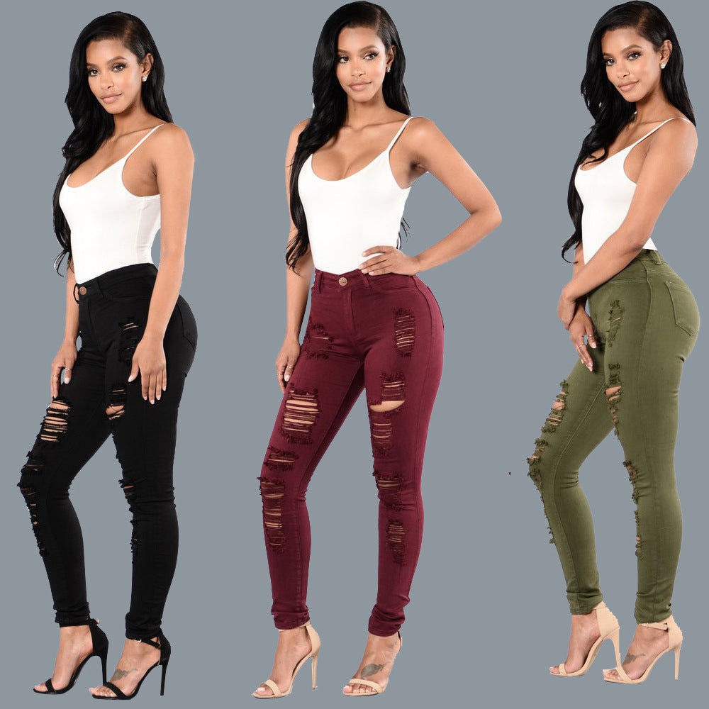 Women's Slim-fit Multi-color Knee Ripped Jeans Repair