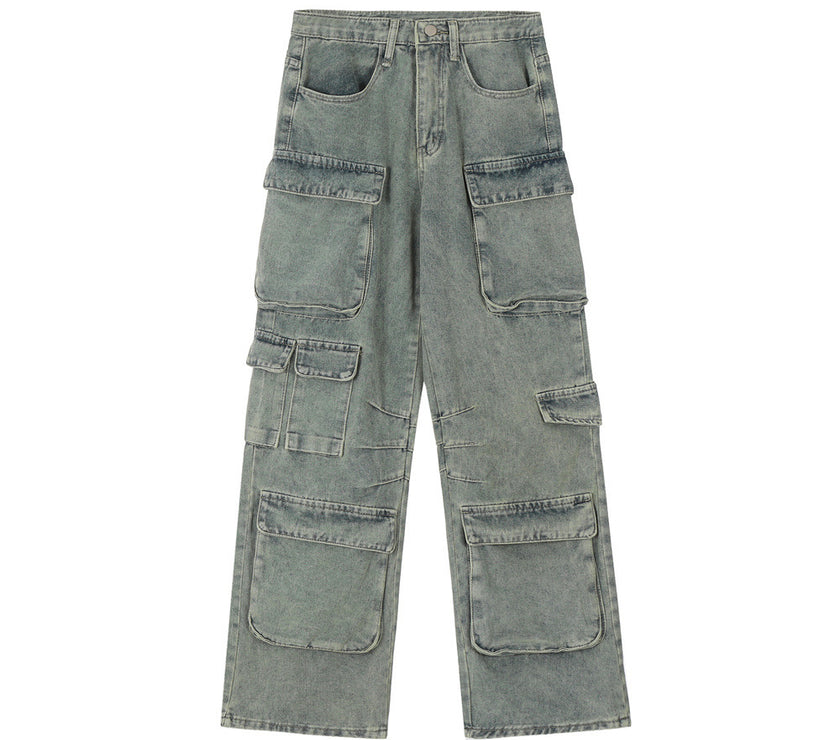 Punk Wash Denim Cargo Pants Trousers Men