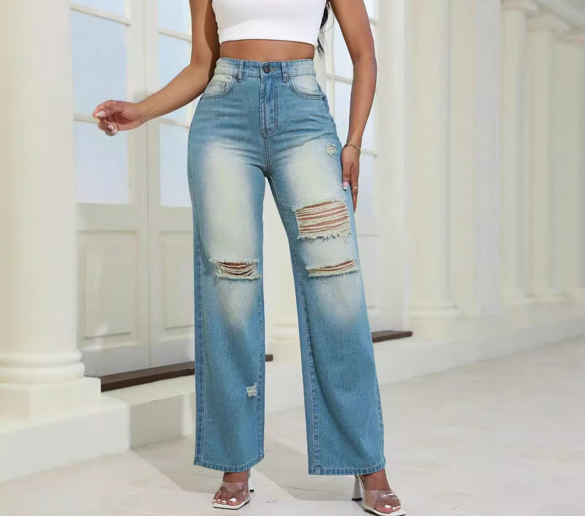 Fashion High Waist Ripped Jeans With Pockets Comfortable Slim Fit Straight Wide-leg Pants Womens Clothing