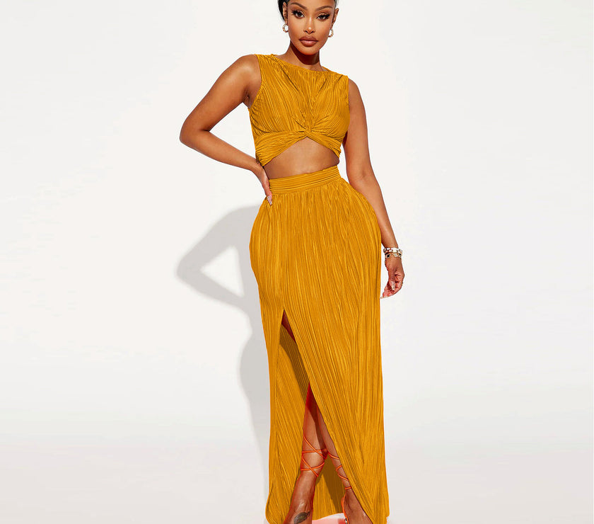 European And American Women's Clothing Slit Dress Two-piece Set