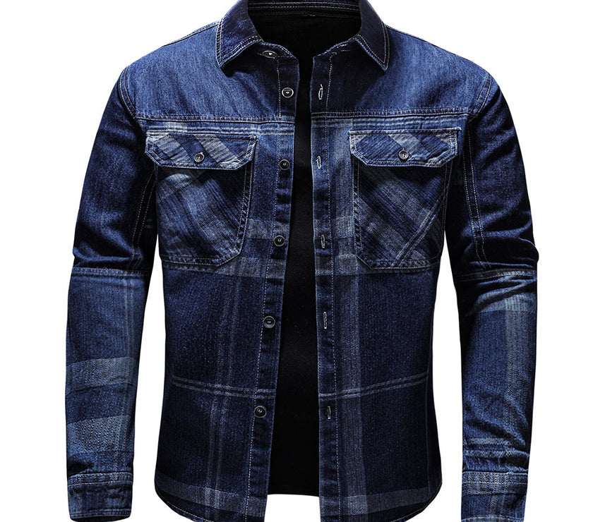 Fashion Plaid Denim Long-sleeved Shirt Man